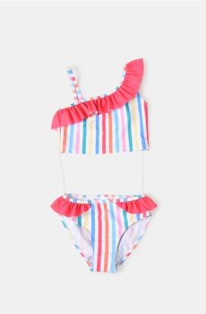 Двокомпонентний купальник з кольоровими смужками та рюшами - різнобарвний