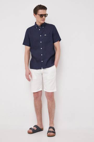 Льняная рубашка Lacoste цвет синий regular воротник button-down Льняная рубашка Lacoste цвет синий regular воротник button-down