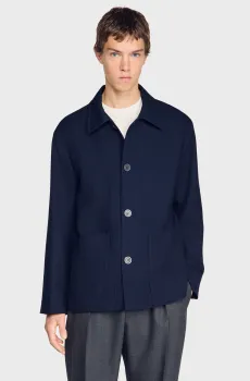 Мужское темно-синее шерстяное пальто Синий L Sandro SHPBL01349_Midnight Blue