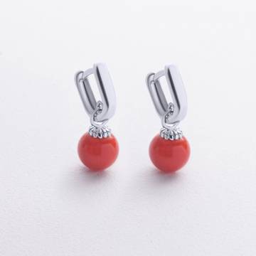 Серьги с кораллом (белое золото) с08580 Серьги с кораллом (белое золото) с08580