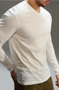 Бавовняна футболка з довгим рукавом і V-подібним вирізом - кремовий