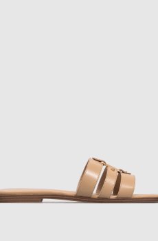 Бежевый кожаные шлепанцы с гравировкой логотипа