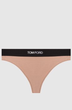 Бежевые трусики-тонг с узором логотипа