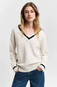 Женский белый шерстяной пуловер SUPERFINE LAMBSWOOL CONT V-NECK Белый S Gant 4805265
