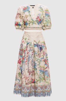 Бежевое платье с вырезом в цветочный принт