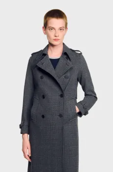 Женское темно-серое пальто в клетку Серый 34 Sandro SFPOU00720_Grey - Brown