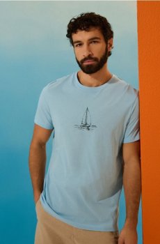 Бавовняна футболка з принтом корабля - блакитний