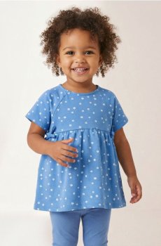 Бавовняна оверсайз блузка з дрібним квітковим візерунком і 3D бантиками - синій