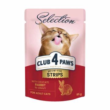 Влажный корм для взрослых кошек Club 4 Paws Meow-For Strips, с кроликом в соусе, 85 г Влажный корм для взрослых кошек Club 4 Paws Meow-For Strips, с кроликом в соусе, 85 г