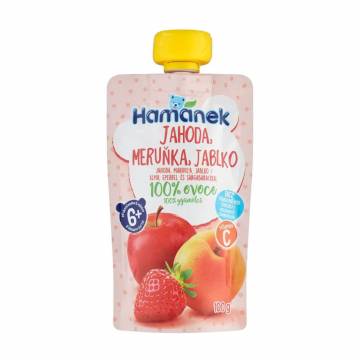 Детское фруктовое пюре Hamanek Яблоко, абрикос и клубника, от 6 месяцев, 100 г Детское фруктовое пюре Hamanek Яблоко, абрикос и клубника, от 6 месяцев, 100 г