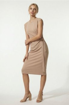 Бавовняна міді сукня з декоративним зав’язуванням та розрізом - бежевий