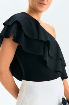 Боді на одне плече з рюшами та домішкою віскози - чорний
