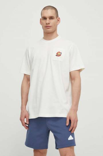 Хлопковая футболка adidas Originals мужская цвет бежевый с аппликацией IS0214 Хлопковая футболка adidas Originals мужская цвет бежевый с аппликацией IS0214