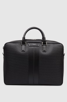 Черный кожаный портфель с принтом логотипа