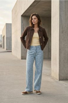 Бавовняна куртка з коміром і твіловим оздобленням - коричневий