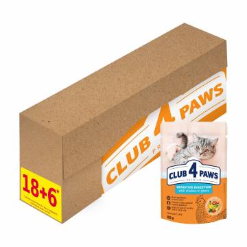 Влажный корм для взрослых кошек Club 4 Paws Premium с чувствительным пищеварением, с курицей в соусе, 18+6*80 г Влажный корм для взрослых кошек Club 4 Paws Premium с чувствительным пищеварением, с курицей в соусе, 18+6*80 г
