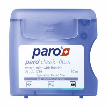Зубная нить Paro Swiss Classic-Floss вощеная, с мятой и фторидом, 50 м Зубная нить Paro Swiss Classic-Floss вощеная, с мятой и фторидом, 50 м