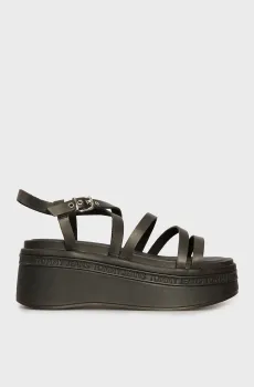 Женские черные кожаные сандалии TJW WEDGY STRAPPY SANDAL Черный 38 Tommy Jeans EN0EN02756