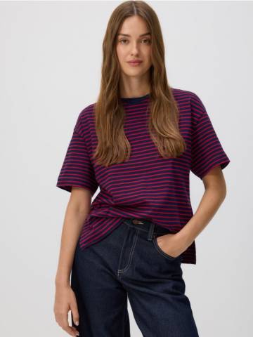 Reserved - Бавовняна футболка у смужку - карміновий - 955ED-92X