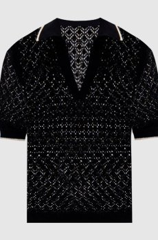 Черный ажурный топ с воротником-поло