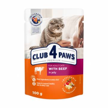 Влажный корм для взрослых кошек Club 4 Paws Premium с говядиной в желе, 100 г Влажный корм для взрослых кошек Club 4 Paws Premium с говядиной в желе, 100 г