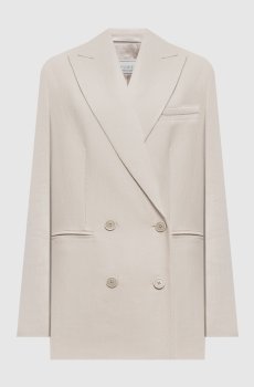 Бежевый двубортный жакет из льна