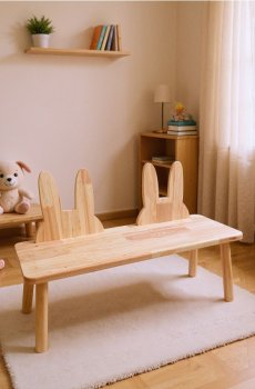 Дитяча дерев’яна лавка із заячим мотивом - бежевий