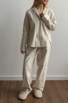 Пижамный комплект женский Miso Цветочек, фланель, штаны и кофта, молочный, размер M (14004)