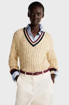 Женский бежевый пуловер VARSITY CABLE V-NK SWEATER LS Бежевый S Tommy Hilfiger WW0WW43972