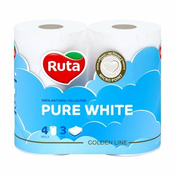 Туалетная бумага RUTA Pure White белая, 3-слойная, 150 отрывов, 4 рулона Туалетная бумага RUTA Pure White белая, 3-слойная, 150 отрывов, 4 рулона