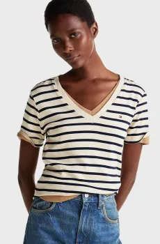 Женская белая футболка в полоску SLIM CODY V-NK SS Белый XS Tommy Hilfiger WW0WW40584
