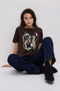 Reserved - Бавовняна футболка з принтом - темно коричневий - 162HT-89X