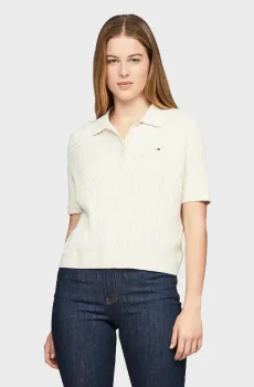 Женское белое поло CO CABLE FINE GG POLO SWEATER SS Белый L Tommy Hilfiger WW0WW43957