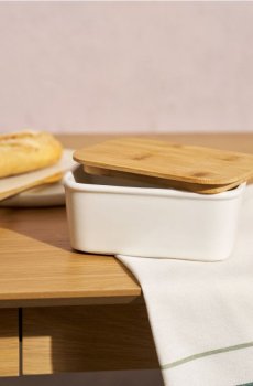 Керамічна маслянка з бамбуковою кришкою - бежевий