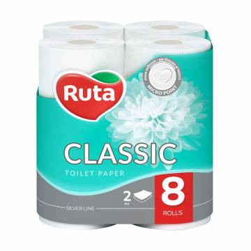Туалетная бумага RUTA Classic белая, 2-слойная, 150 отрывов, 8 рулонов Туалетная бумага RUTA Classic белая, 2-слойная, 150 отрывов, 8 рулонов