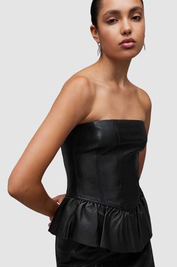 Кожаное платье AllSaints WL068Z CASSIE LEA RUFFLE DR цвет чёрный mini облегающее Кожаное платье AllSaints WL068Z CASSIE LEA RUFFLE DR цвет чёрный mini облегающее