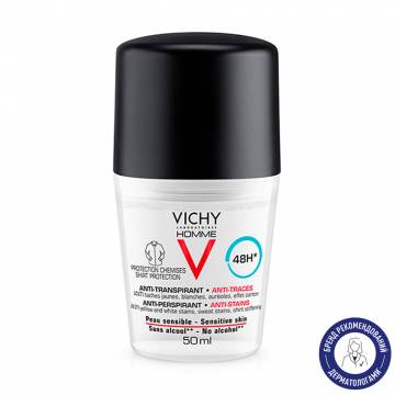 Шариковый дезодорант-антиперспирант Vichy Homme Anti-Perspirant Anti-Stain 48H против белых следов и желтых пятен, 50 мл Шариковый дезодорант-антиперспирант Vichy Homme Anti-Perspirant Anti-Stain 48H против белых следов и желтых пятен, 50 мл