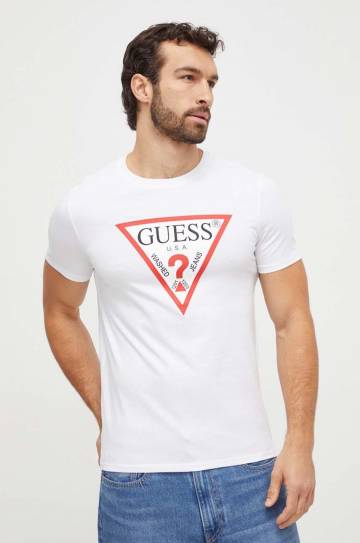 Хлопковая футболка Guess мужской цвет белый с принтом Хлопковая футболка Guess мужской цвет белый с принтом
