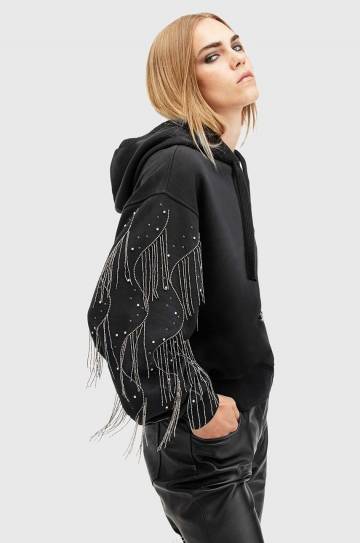 Хлопковая кофта AllSaints LENNON TASSEL женская цвет чёрный с капюшоном с аппликацией W002JA Хлопковая кофта AllSaints LENNON TASSEL женская цвет чёрный с капюшоном с аппликацией W002JA