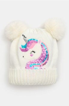 Шапка з помпонами та двосторонніми паєтками з мотивом єдинорога - кремовий