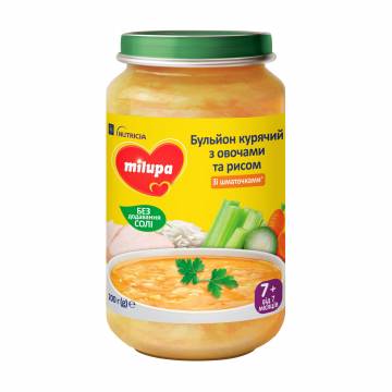 Детский куриный бульон Milupa с овощами и рисом, от 7 месяцев, 200 г Детский куриный бульон Milupa с овощами и рисом, от 7 месяцев, 200 г