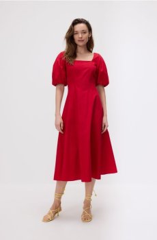 Reserved - Сукня міді з об’ємними рукавами - червоний - 517FB-33X