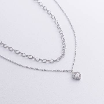 Двойное серебряное колье "Сердечко" (фианиты) 908-01589 Двойное серебряное колье "Сердечко" (фианиты) 908-01589