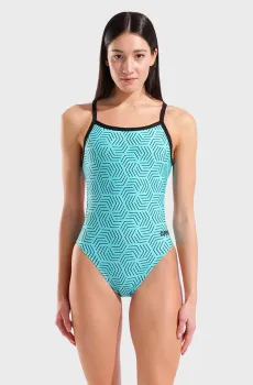 Женский бирюзовый купальник с узором WATER MAZE CHALLENGE BACK Бирюзовый 38 Arena 011886-850