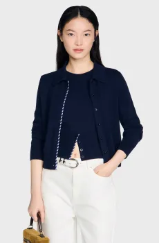 Женский темно-синий шерстяной кардиган Синий M Sandro SFPCA01386_Navy Blue