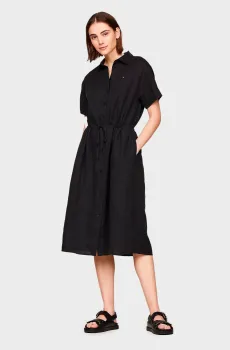 Женское черное льняное платье LINEN SS MIDI SHIRT Черный XXS Tommy Hilfiger WW0WW41911