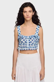 Женский голубой льняной топ в клетку Голубой L Sandro SFPTO00896_Blu - White