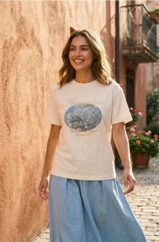 Бавовняна футболка з принтом - кремовий