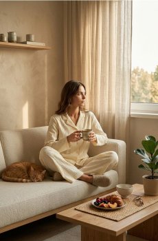 Однотонна двокомплектна піжама - кремовий