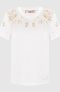 Футболка цвета айвори с цветочной аппликацией